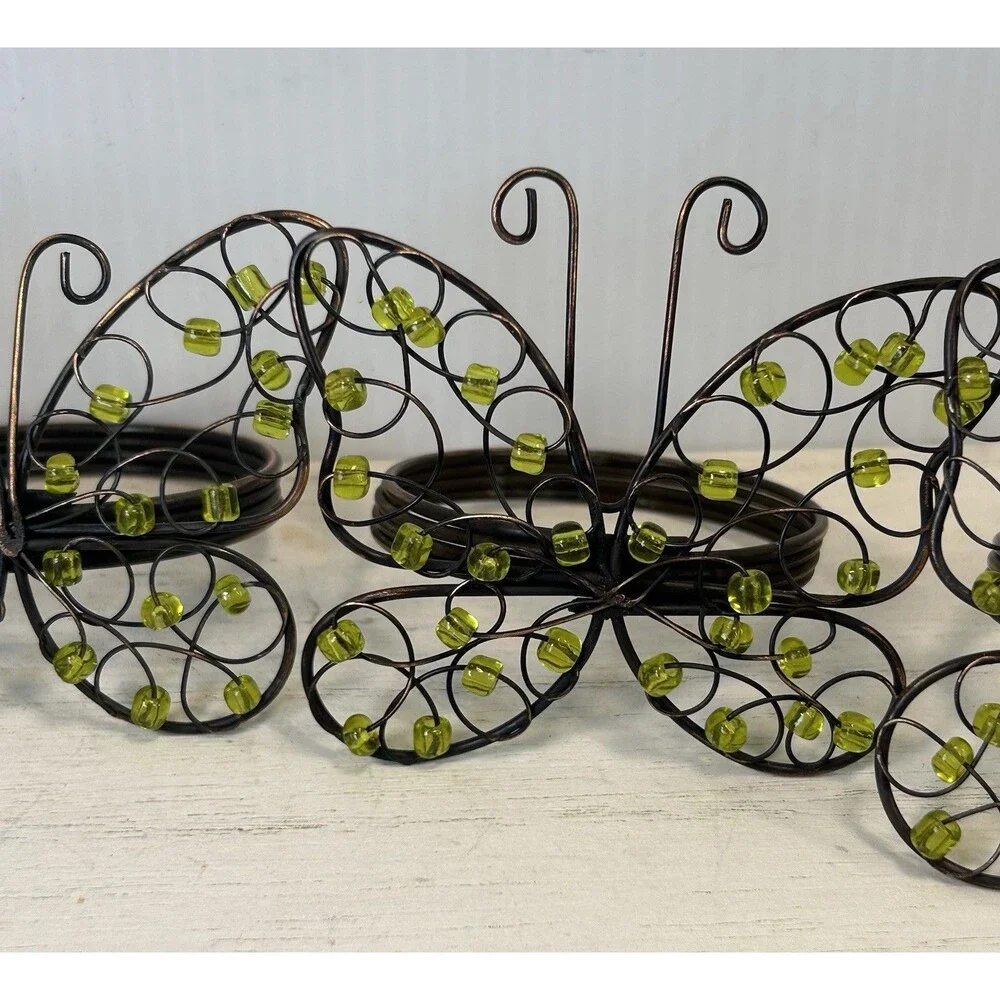 Set of 4 Butterfly Napkin Rings Green Beads Brown Wire Spring Table Decor